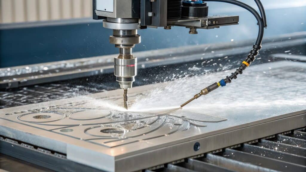 alt with keywords: industrial waterjet cutter precisely cutting a thick metal plate